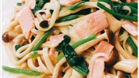 ほうれん草のペペロンチーノ風もちむぎパスタ